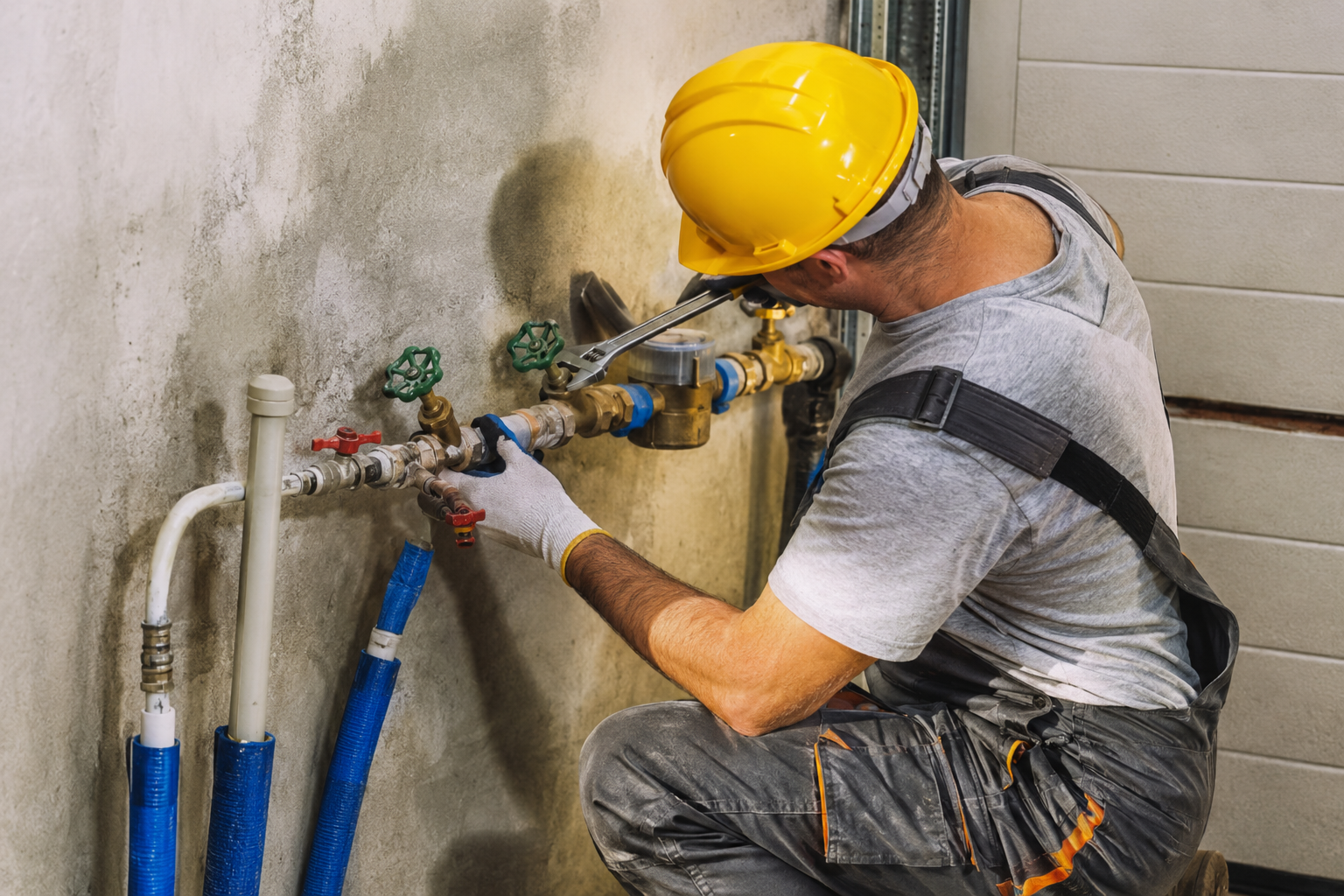 Plombier installant un chauffe-eau